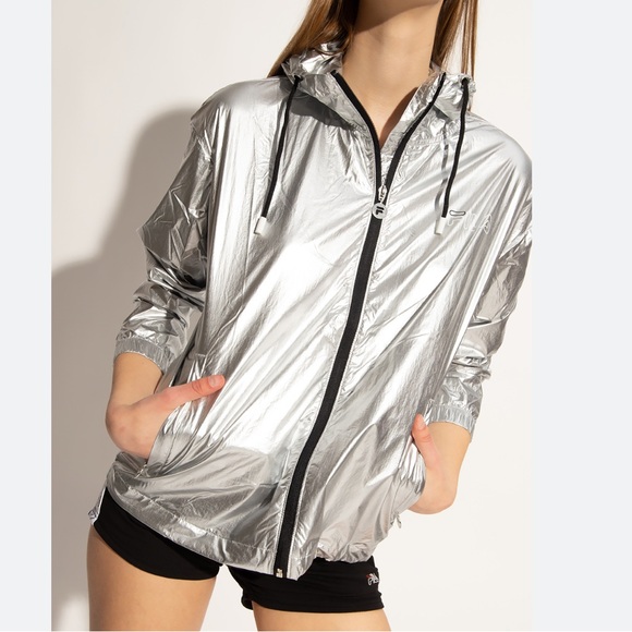 ELLIE & KATE Zip Up Jacket Hoodie Silver Metallic Black Zipper Pockets Shiny S - Picture 1 of 16